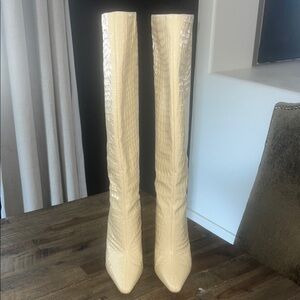 F21 Cream Croc-Embossed Knee-High Boots